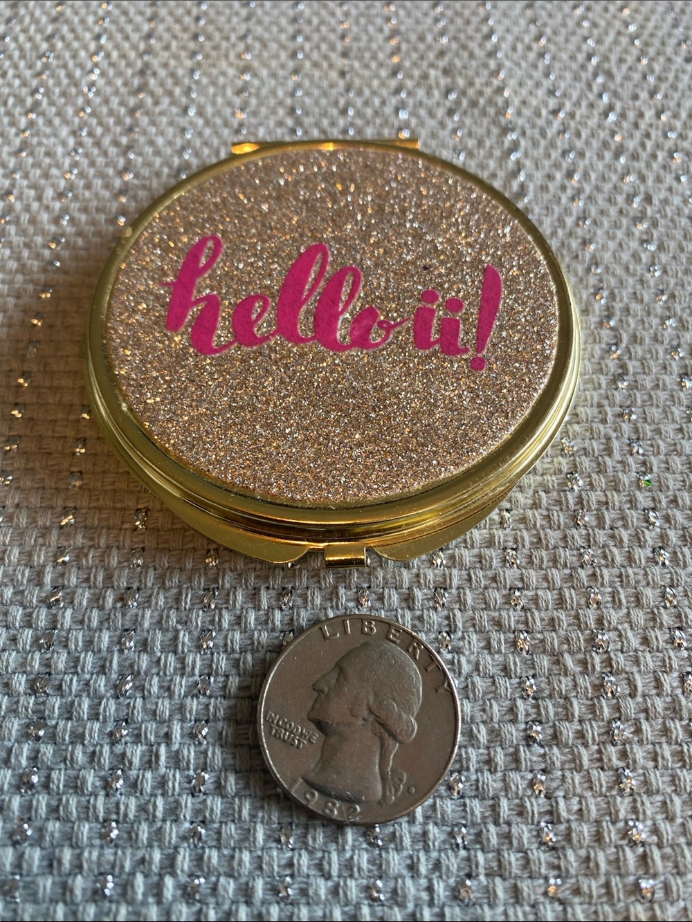 Gold Toned Glitter 'Hello!' Compact Mirror with Pink Script